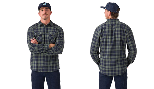 Man wearing a green and navy Flylow Handlebar Tech Flannel long sleeve shirt.