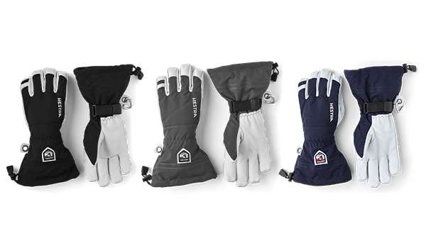 Three pairs of ski gloves shown in black, grey, and navy with white leather palms.