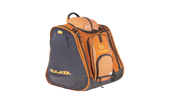 Orange and grey boot bag for ski boots.