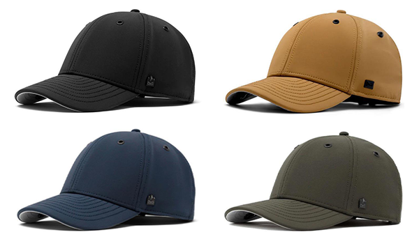 Four Melin waterproof thermal hats in black, yellow, navy, and pine green.