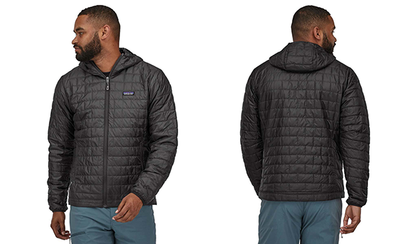 Man wearing a black insulated hoodie jacket.